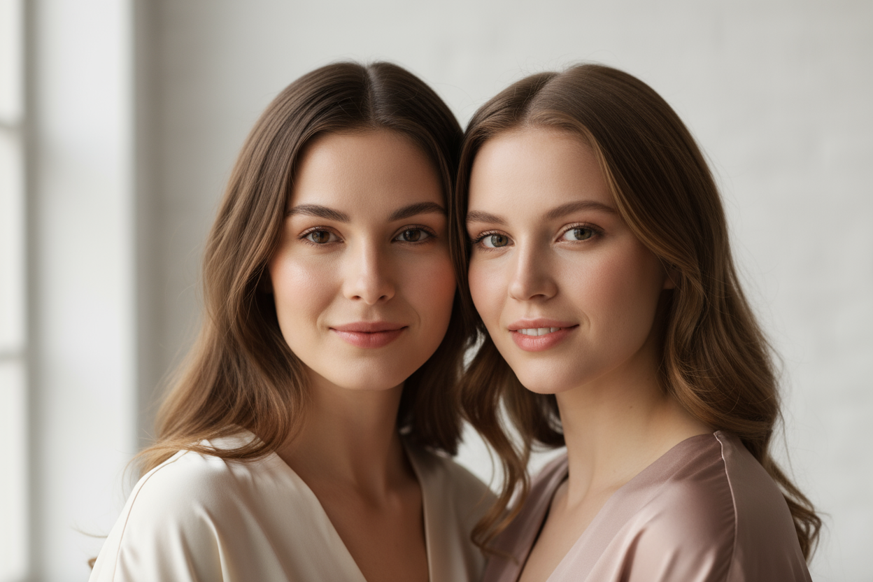 two female faces, white girls with smooth skin